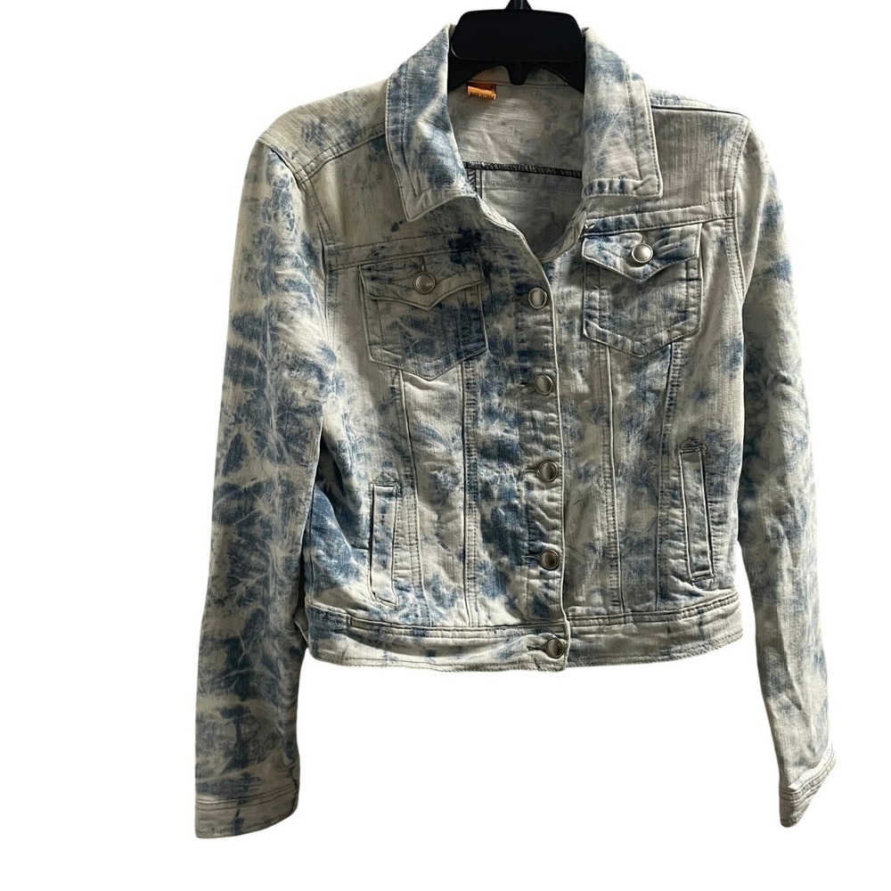 JOUJOU Women's‎ Acid Wash Denim Jacket Blue White Distressed Button Front Size L